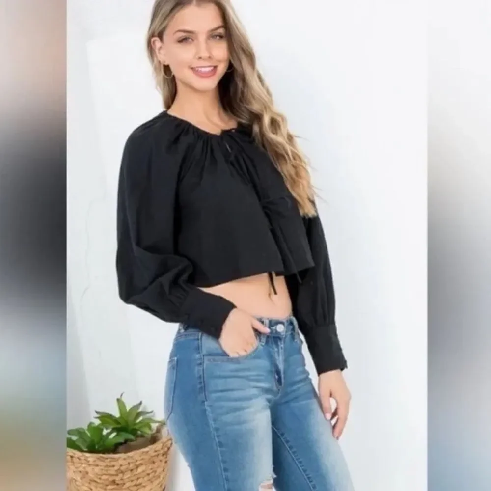 Black Tie Neckline Cuffed Long Sleeve Cropped Top